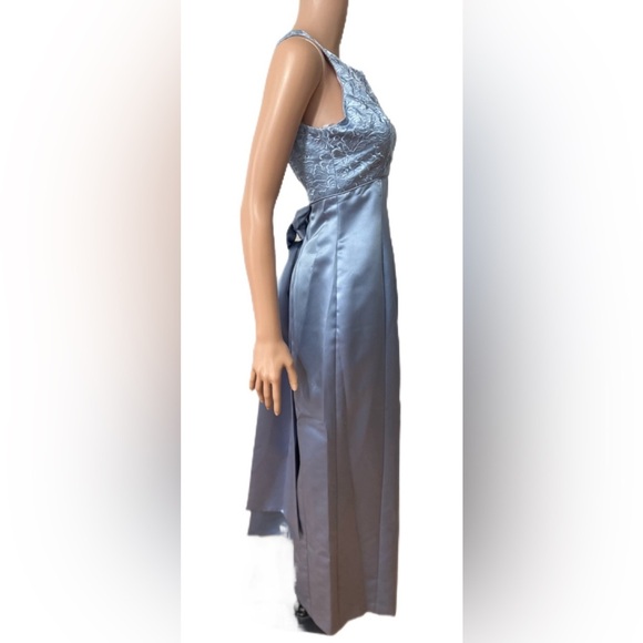Bridal Warehouse Dress 4 Blue Satin Embroidered Formal Gown Open Back Bow Detail - Picture 2 of 9